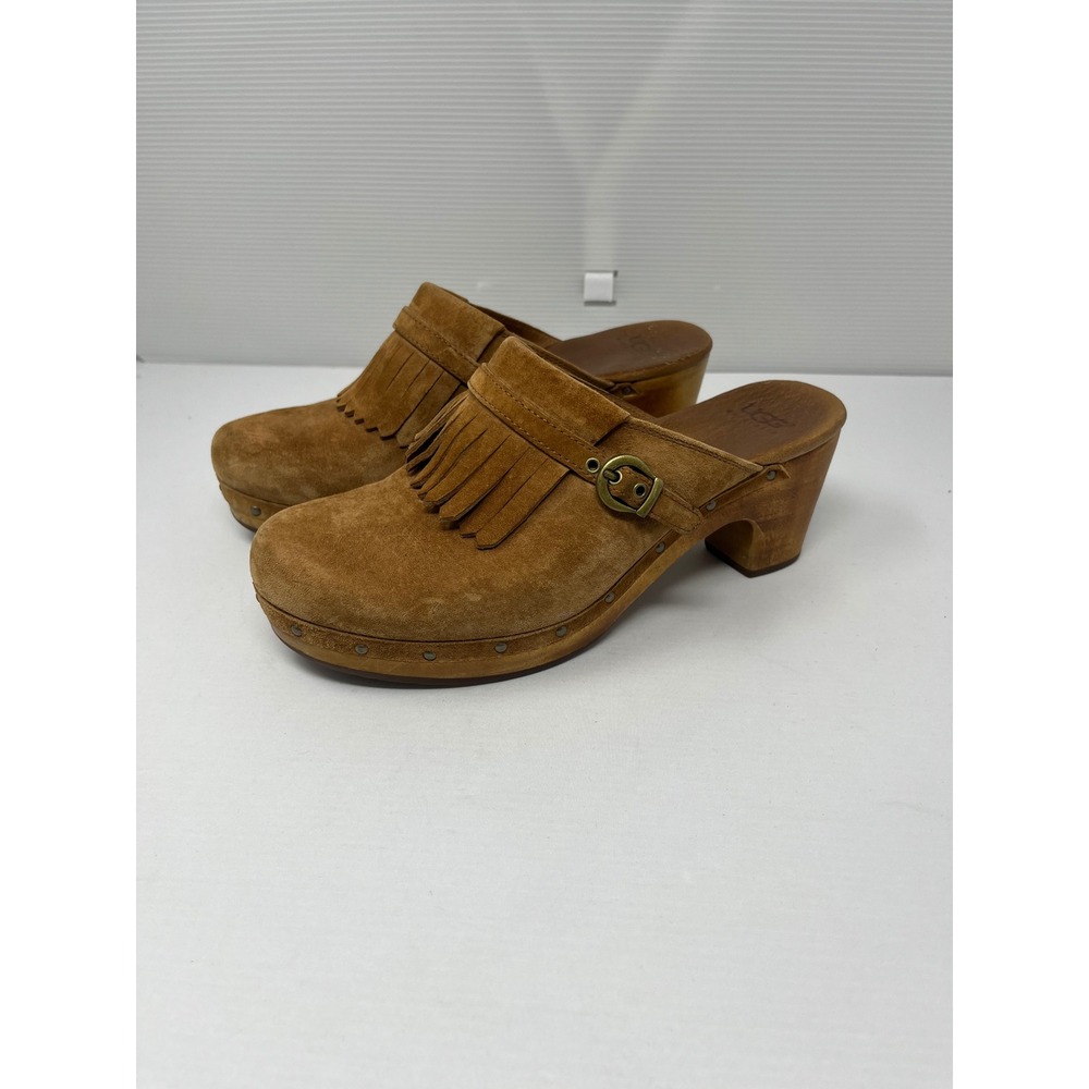 UGG Australia Gweneth Suede Kiltie Fringe Wooden Clogs 1953 Mules Tan Womens 9